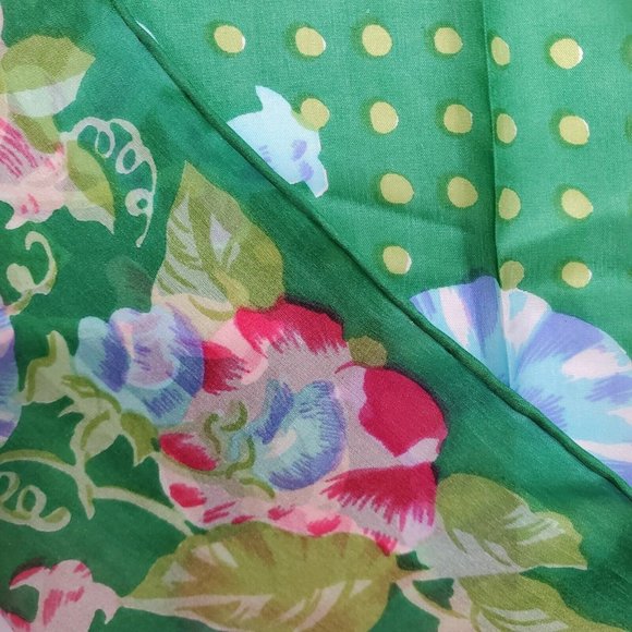 Vintage Silk Scarf Square Green Pink Floral Polka Dot 29"  Hand Rolled - Picture 10 of 10